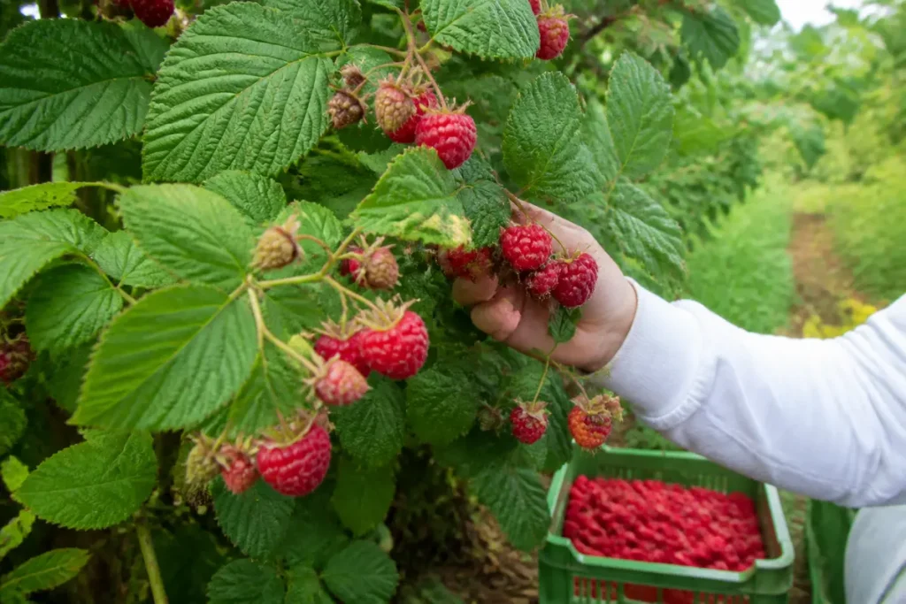 Personne récoltant des framboises mûres sur un arbuste, panier rempli de framboises en arrière-plan.