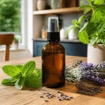 Flacon de spray repulsif araignée naturel entouré de menthe et lavande sur table en bois