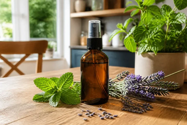Flacon de spray repulsif araignée naturel entouré de menthe et lavande sur table en bois
