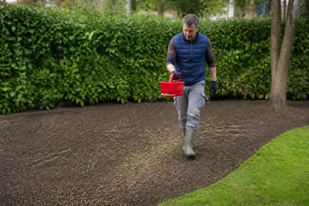 Homme semant du gazon dans un jardin vert pour savoir quand semer du gazon