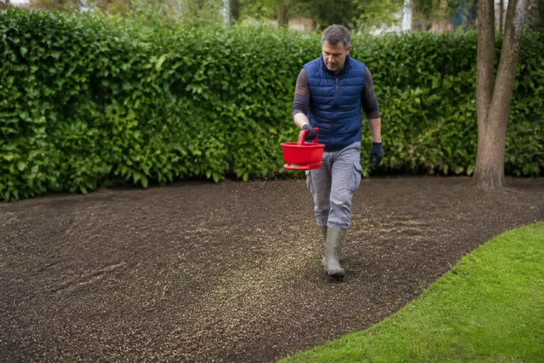 Homme semant du gazon dans un jardin vert pour savoir quand semer du gazon