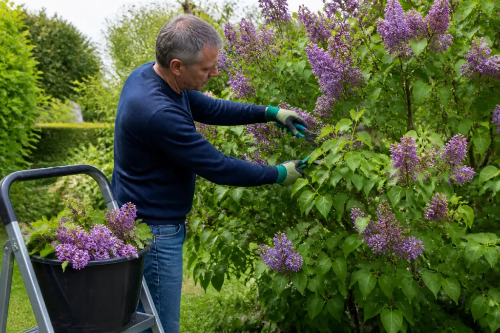 Homme taillant un lilas en fleur dans le jardin pour contrôler la taille du lilas