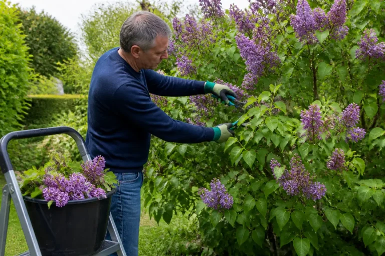 Homme taillant un lilas en fleur dans le jardin pour contrôler la taille du lilas