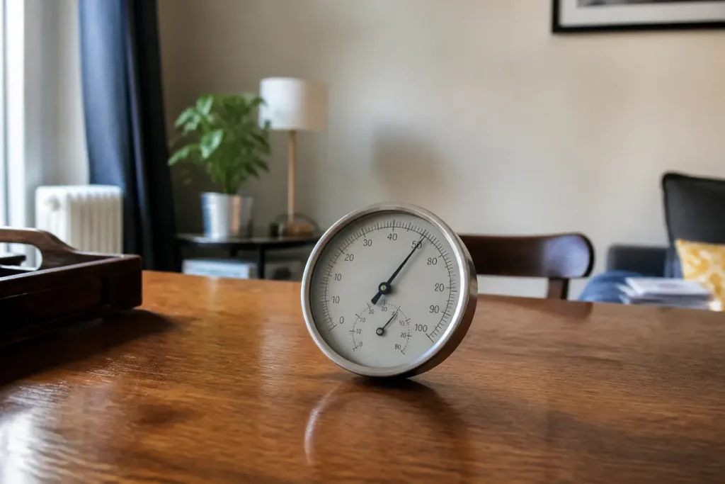 Hygromètre mesurant le taux d'humidité dans une maison sur une table en bois