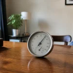 Hygromètre mesurant le taux d'humidité dans une maison sur une table en bois