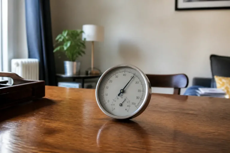 Hygromètre mesurant le taux d'humidité dans une maison sur une table en bois