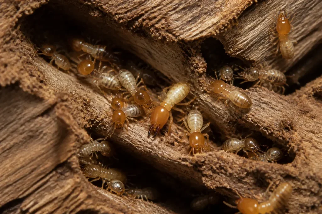 Dégâts termites dans le bois montrant insectes tunnelant et se nourrissant du bois endommagé