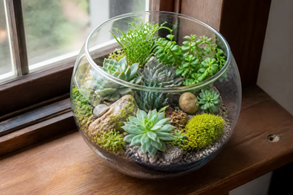 Terrarium plante avec succulentes variées et mousse dans un bocal en verre transparent