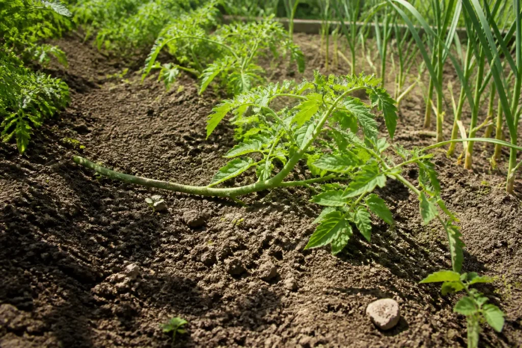 Plants de tomates et ail poussant dans un sol fertile sous la lumière du soleil.