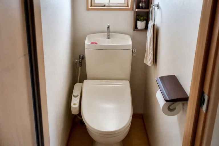 Toilettes compactes avec lave-mains intégré et petites étagères pour économiser l'espace