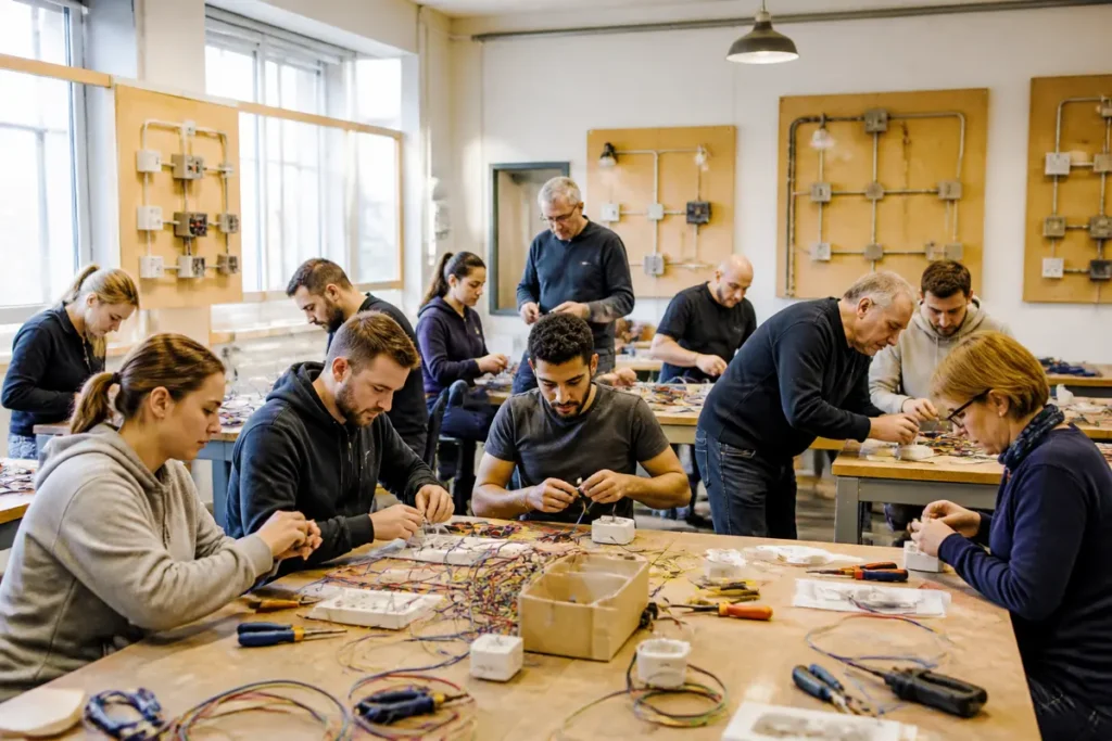 Personnes concentrées sur des projets de câblage électrique dans un atelier d'électronique lumineux.