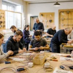 Personnes concentrées sur des projets de câblage électrique dans un atelier d'électronique lumineux.