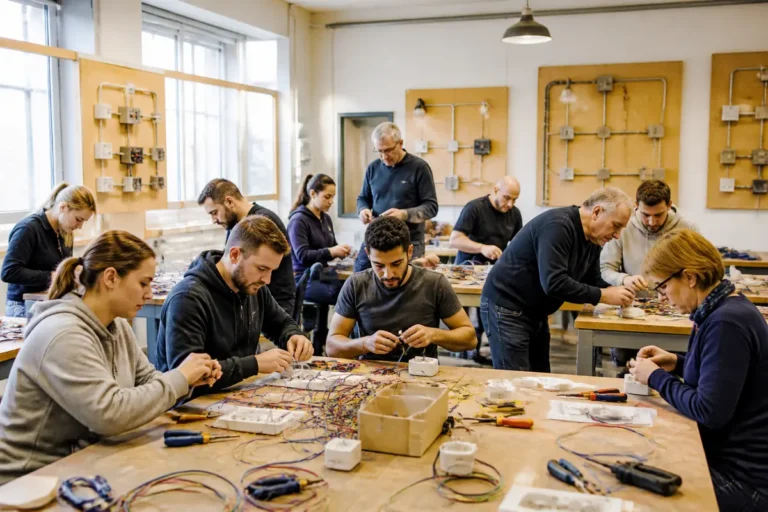Personnes concentrées sur des projets de câblage électrique dans un atelier d'électronique lumineux.