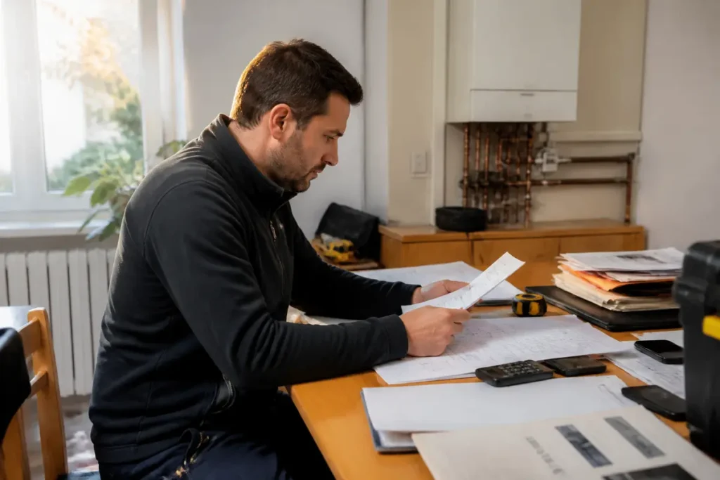 Homme assis à un bureau, lisant des documents avec appareil de chauffage visible en arrière-plan.