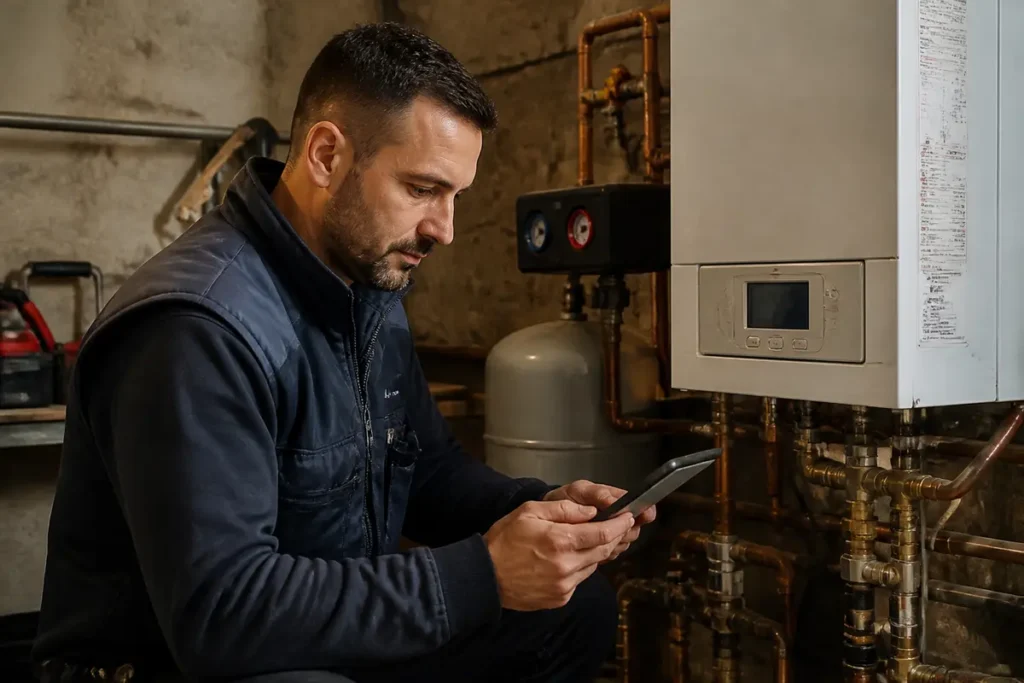 Technicien vérifiant une chaudière moderne à l'aide d'une tablette dans un sous-sol industriel.