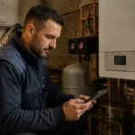 Technicien vérifiant une chaudière moderne à l'aide d'une tablette dans un sous-sol industriel.