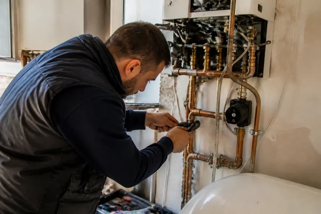 Artisan réparant tuyaux de plomberie avec outils, concentré sur tâche minutieuse dans un intérieur d'habitation.