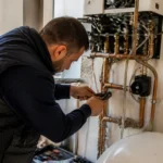 Artisan réparant tuyaux de plomberie avec outils, concentré sur tâche minutieuse dans un intérieur d'habitation.