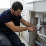 Un plombier répare un tuyau sous un évier, utilisant une clé dans une salle de bain moderne.