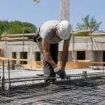 Travailleur sur chantier de construction en plein air, portant casque et gants, manipulant armatures métalliques.