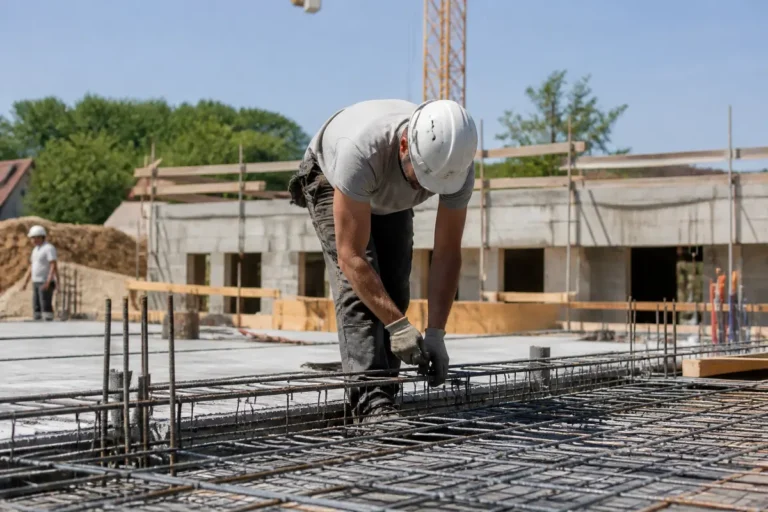 Travailleur sur chantier de construction en plein air, portant casque et gants, manipulant armatures métalliques.