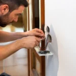 Électricien effectuant des réparations de câblage mural, concentré sur des fils exposés dans une prise électrique.