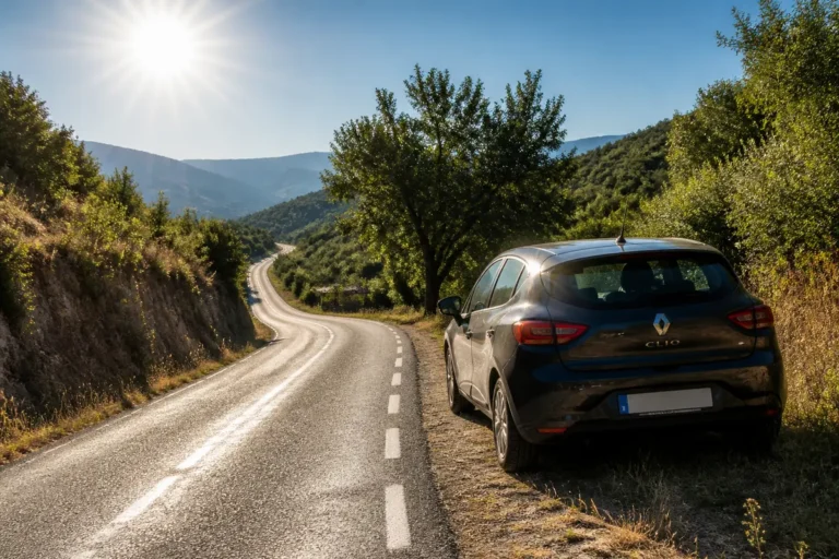 Voiture Renault Clio garée en bord de route sinueuse, soleil éclatant, paysage montagneux verdoyant.