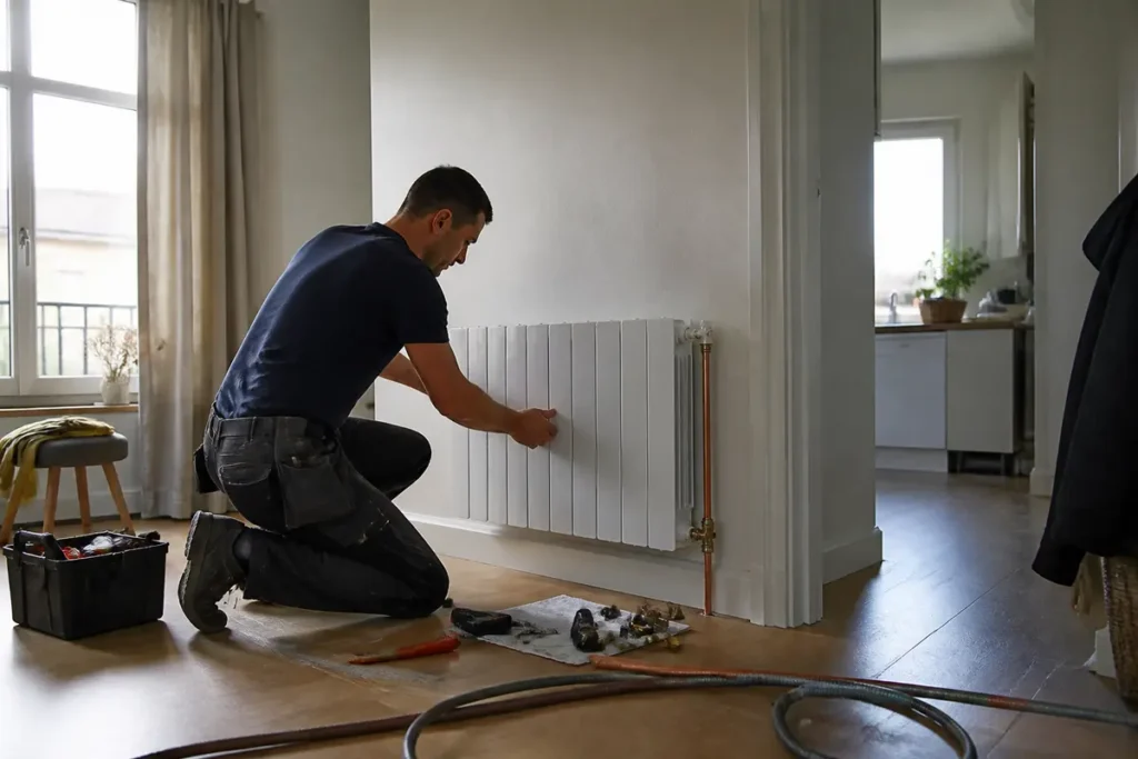 Homme installant un radiateur mural blanc dans un salon lumineux avec outils dispersés au sol.
