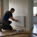 Homme installant un radiateur mural blanc dans un salon lumineux avec outils dispersés au sol.