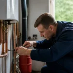 Un plombier répare des tuyaux en cuivre dans une installation intérieure, concentré sur son travail.