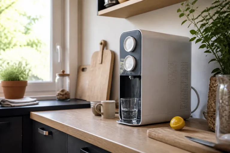 Machine à eau moderne sur comptoir de cuisine, entourée d'accessoires et de plantes. Verre d'eau servi.