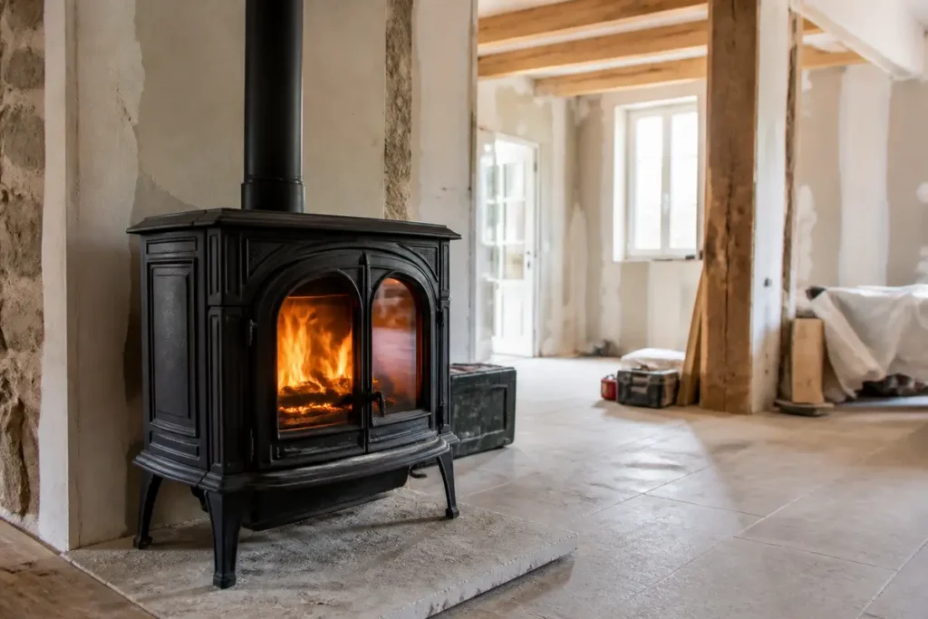 Poêle à bois noir allumé dans un intérieur lumineux avec poutres apparentes et murs en rénovation.