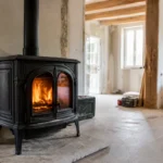 Poêle à bois noir allumé dans un intérieur lumineux avec poutres apparentes et murs en rénovation.