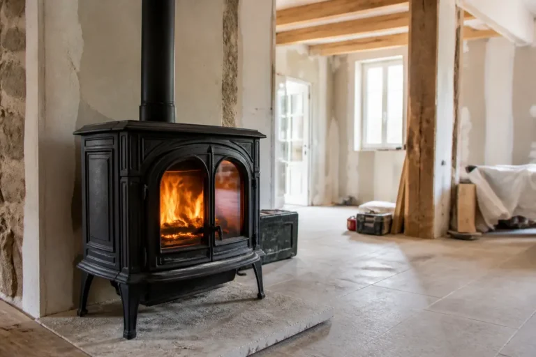 Poêle à bois noir allumé dans un intérieur lumineux avec poutres apparentes et murs en rénovation.