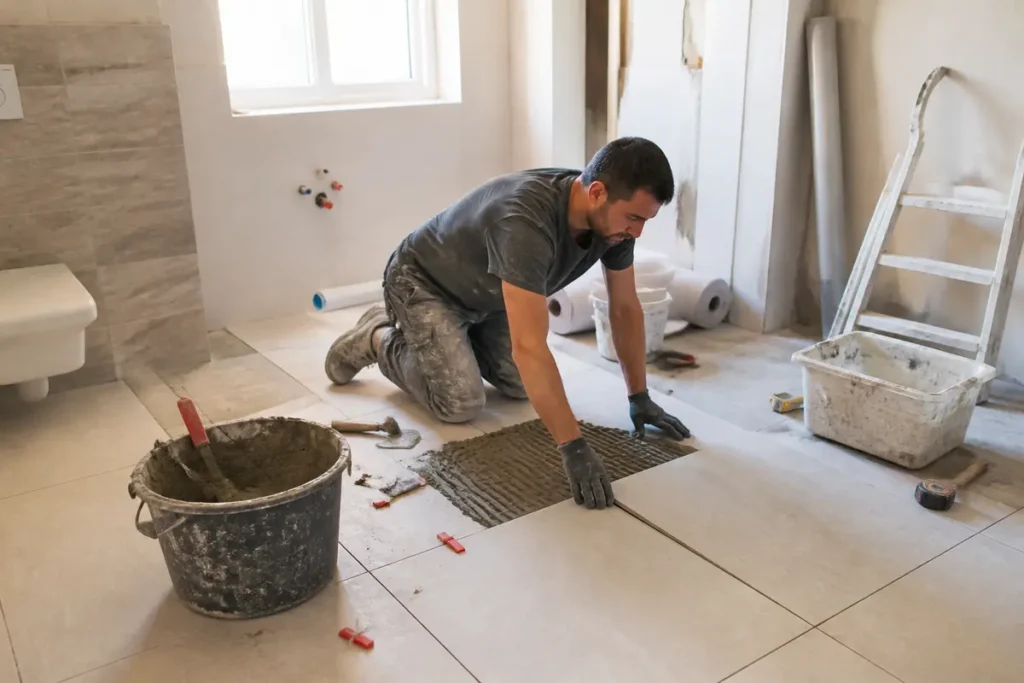 Un homme pose du carrelage au sol d'une salle de bains avec outils et matériaux.