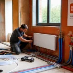 Homme installant un radiateur mural dans un chantier, outils et tuyaux visibles autour de lui.