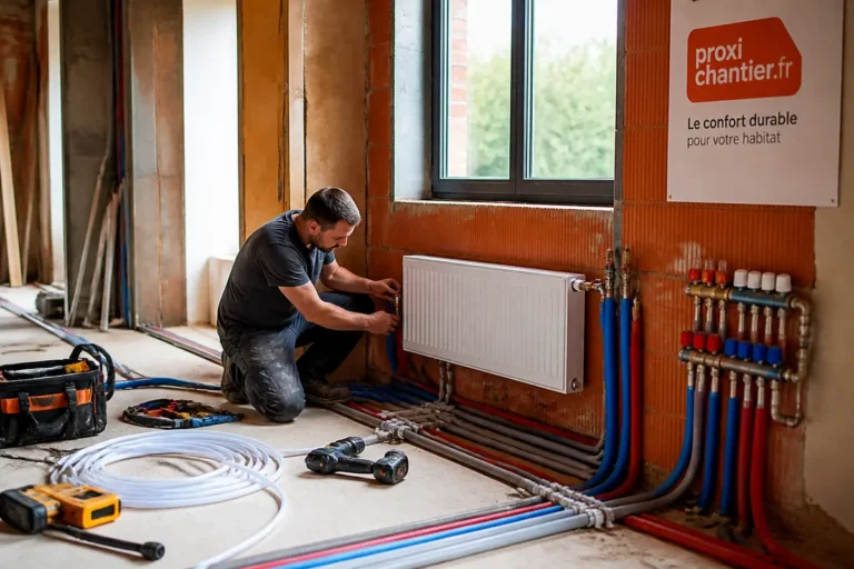 Homme installant un radiateur mural dans un chantier, outils et tuyaux visibles autour de lui.