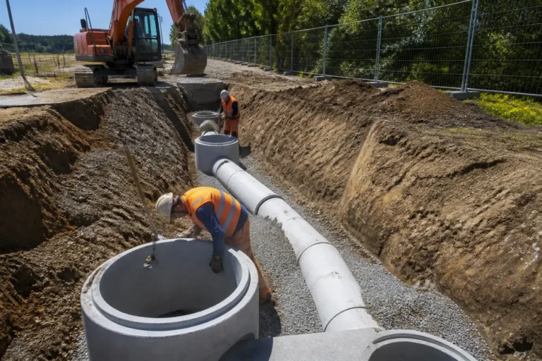Travaux de construction avec pelleteuse et ouvriers posant tuyaux dans une tranchée creusée.