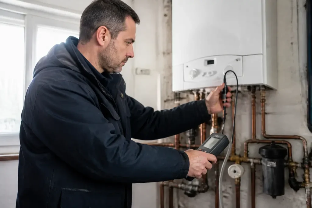 Technicien vérifiant une chaudière à gaz avec un appareil de mesure dans une pièce technique.