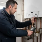 Technicien vérifiant une chaudière à gaz avec un appareil de mesure dans une pièce technique.
