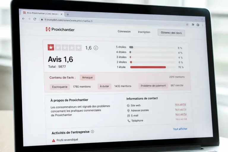 Écran affichant la note de Proxichantier sur Trustpilot, note basse de 1,6 sur 5 étoiles.