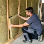 Un homme installe des panneaux d'isolation dans une structure en bois, illustrant l'amélioration énergétique d'une maison.