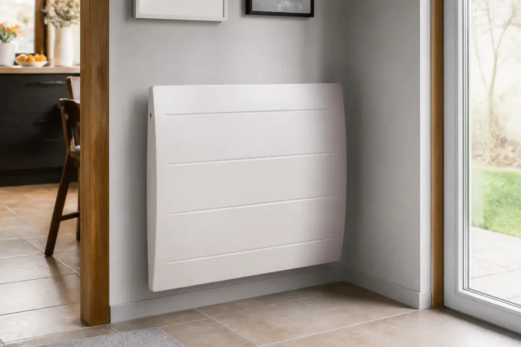 Radiateur moderne blanc fixé au mur dans un intérieur lumineux avec parquet et porte vitrée.