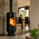 Poêle à bois moderne dans un salon chaleureux, avec feu vif et mobilier contemporain.