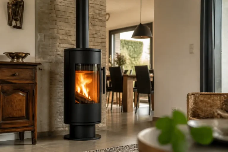Poêle à bois moderne dans un salon chaleureux, avec feu vif et mobilier contemporain.