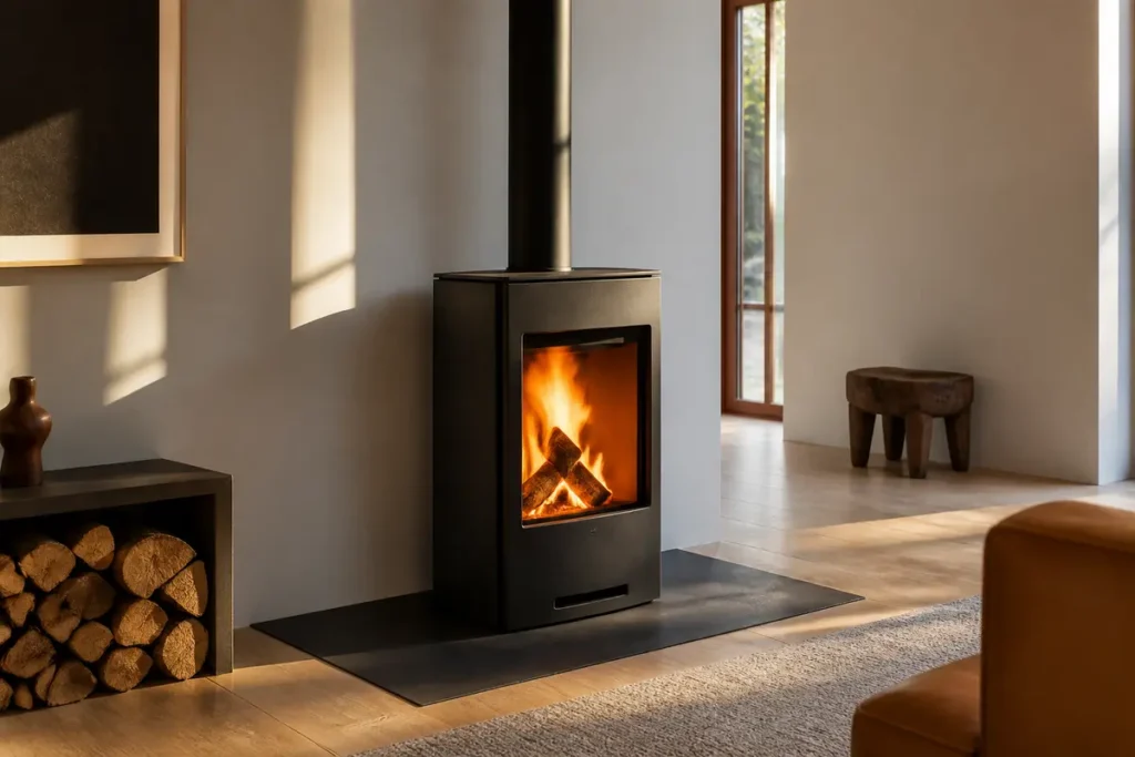 Poêle à bois moderne allumé, intérieur chaleureux avec reflets de lumière, bois empilé à côté.