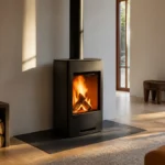 Poêle à bois moderne allumé, intérieur chaleureux avec reflets de lumière, bois empilé à côté.
