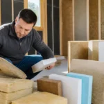 Un homme examine différents matériaux d'isolation dans une pièce en construction avec murs en bois.