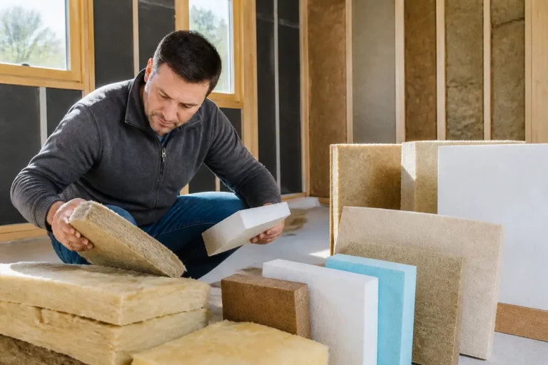 Un homme examine différents matériaux d'isolation dans une pièce en construction avec murs en bois.
