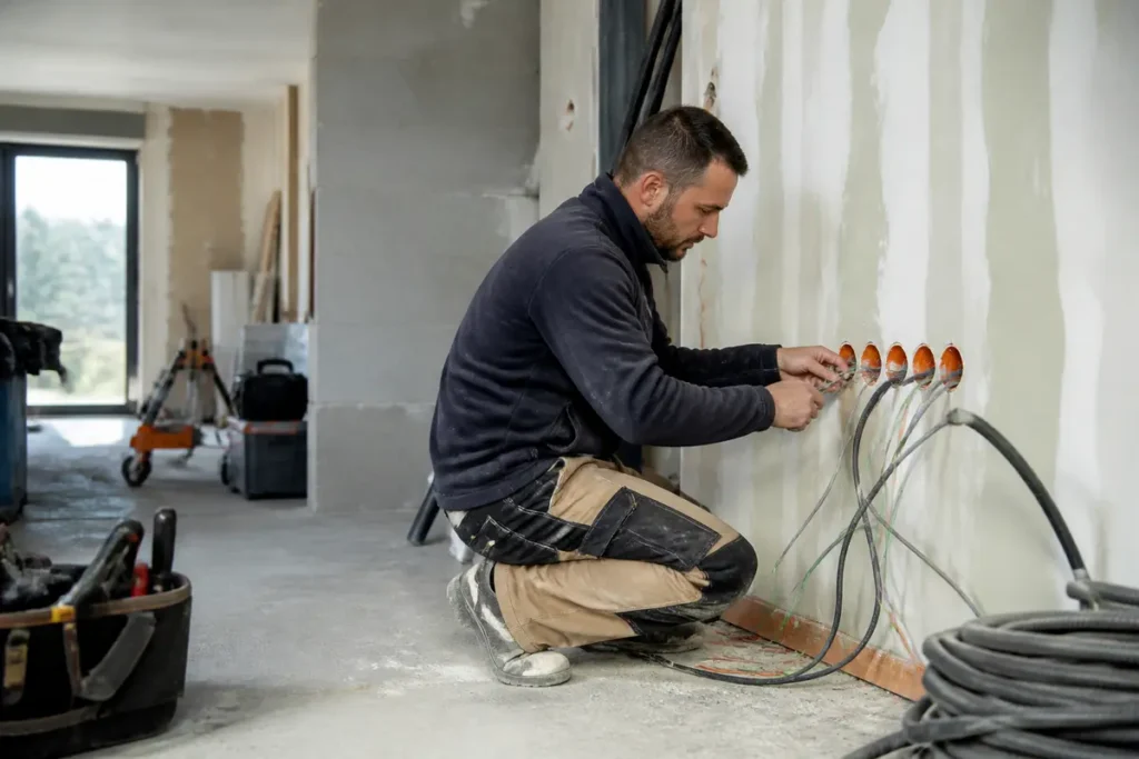 Un électricien installant des câbles dans une maison en construction, équipement visible, intérieur lumineux.